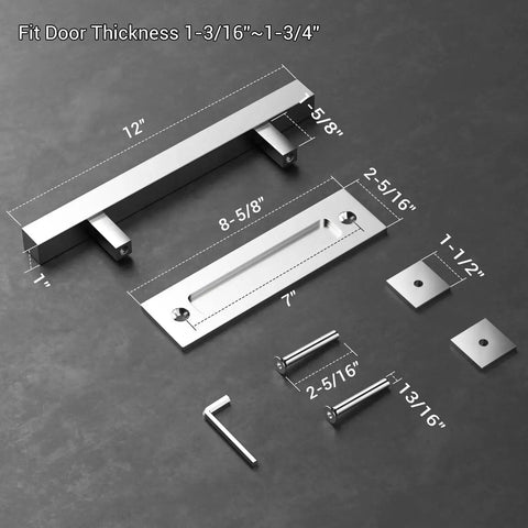 12 Inch Stainless Steel Barn Door Handle Sliding Door Pull Flush Double Sided Finger Pull Square Brushed Finish Heavy Duty Fits One And A Quarter Inch To One And Three Quarter Inch Thick Doors Includes All Necessary Mounting Hardware Anti Rust Corrosion, laid out with dimensions and mounting hardware