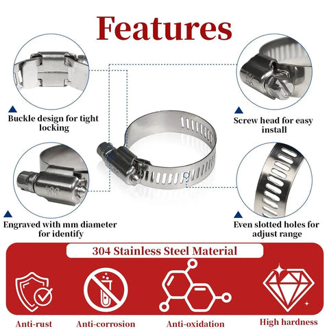 Features of 25 Piece Stainless Steel Hose Clamp Set: buckle design, screw head, size engraving, slotted holes, anti-rust, 304 steel.