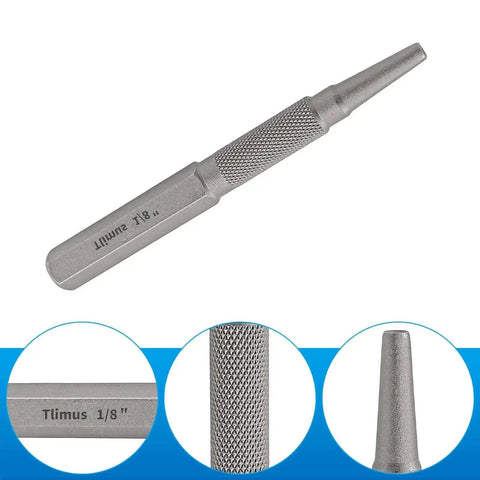Close-up of 4 Piece Nail Punch Set Center Punch Kit, showing 1/8 inch nail setter, durable 40Cr steel, textured grip for woodworking.