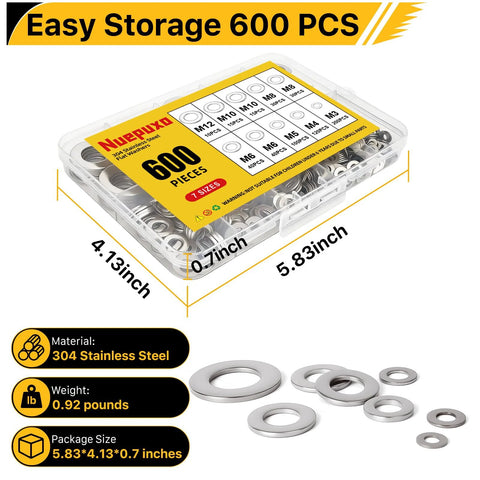 Front view of Nuepuxo 600-piece 304 stainless flat washer set in clear box, 7 sizes M3–M12