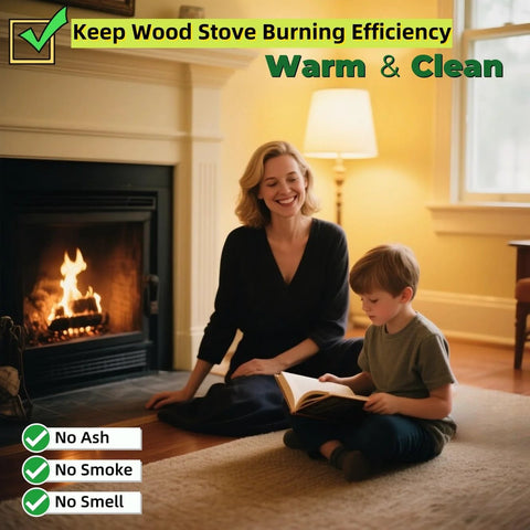Wood stove gasket graphite fiberglass 1/4 x 118 in; high-temp seal rope in living room with lit fireplace.