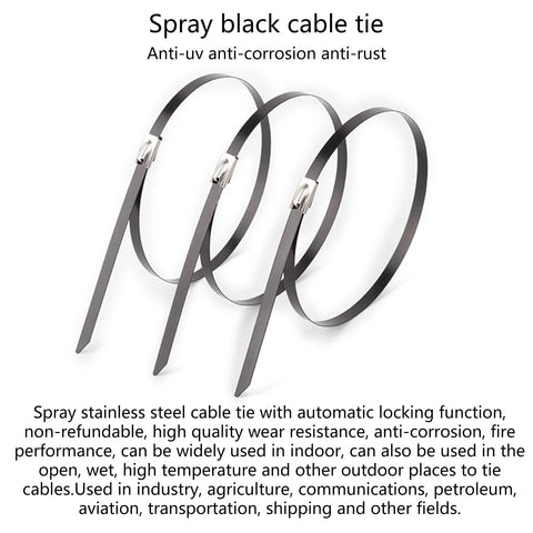 Three spray-black stainless steel cable ties with locking heads; versatile metal fasteners for indoor and outdoor use.