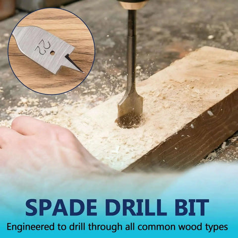Spade drill bit boring into wooden plank, close-up view; wood shavings and drill in action around the spade bit.