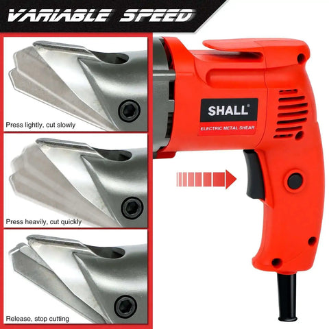 Electric Metal Cutting Shear For 14 Gauge Steel And 16 Gauge Stainless, 4.0 Amp Corded Cutter with red handle and variable speed