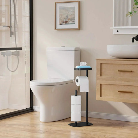 Free Standing Toilet Paper Holder Stand With Rustproof Metal Construction For Four Rolls Anti Slip Base And Built In Shelf in bathroom