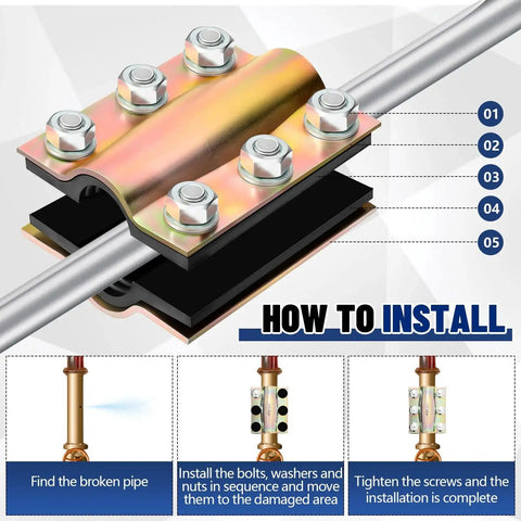 Two Pack Pipe Repair Clamp For Half Inch Pipe Fittings, Four Inch Length, Steel Leak Sealer With Rubber Liners And Bolts installation guide