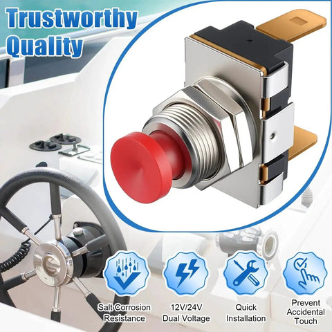 Marine Boat Horn Button Switch 12V 24V Dual Voltage SPST Momentary Red Push On Off Button With Screw Terminals 15A 10A