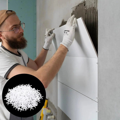 Person installing tiles using One Sixteenth Inch Tile Spacers Set, 500 Pcs Cross Tile Leveling Clips For Ceramic Tile Installation On Floors And Walls, Durable PE Plastic Shim Spacers Provide Even Spacing And Precise Leveling For Clean Grout Lines. Tile spacers shown in inset.