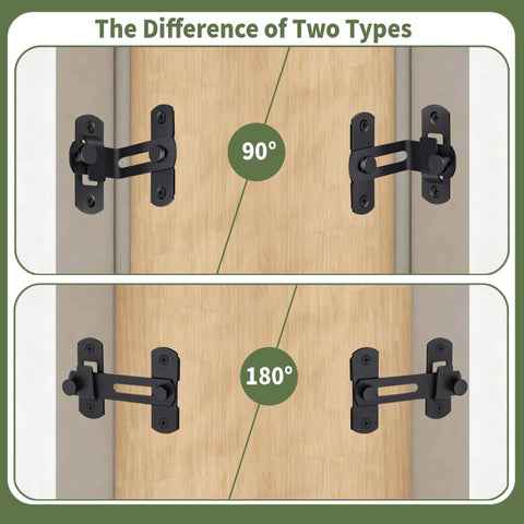 Comparison of Heavy Duty 90 Degree Barn Door Flip Lock For Privacy And Security On Sliding Barn Doors Wood Fences And Gates, Rust Resistant Carbon Steel Latch showing 90° and 180° positions on wooden surface