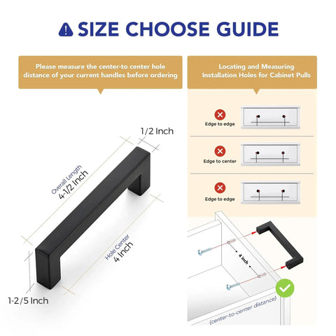 Size guide for 30 Pack 4 Inch Square Kitchen Cabinet Handles Matte Black Drawer Pulls with installation instructions