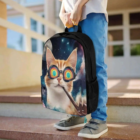 Person holding Unisex Laptop Backpack With Big Storage For Work And College Dope Galaxy Space Cat Sunglasses Theme Easy To Organize Comfortable Breathable Straps Durable Polyester Travel Bag.