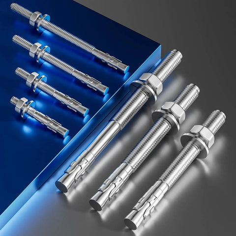 10 Pack 1/4 By 1-3/4 Inch Heavy Duty 304 Stainless Steel Wedge Anchors For Concrete And Cement with nuts and washers visible