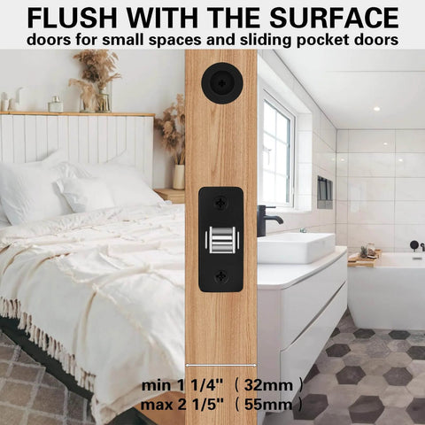 Round Pocket Door Lock And Edge Pull Privacy Latch With Color Coded Indicators Dope Matte Black Flush Pocket Door Hardware installed