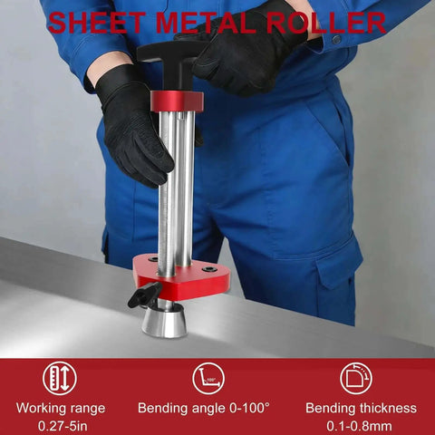 Adjustable 0 To 100 Degrees Sheet Metal Bender Roller With Quick Setup For 7 To 130 mm Bends in red, ergonomic design, being used.