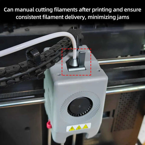 Close-up of Upgrade Filament Cutter for Adventure 5M Pro 3D Printer attached to extruder, showcasing manual cut feature, not for AD5X.