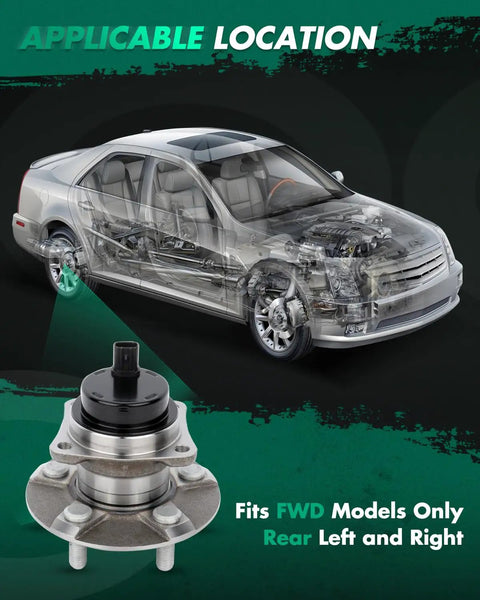Two Rear Wheel Bearing And Hub Assembly Set For 2003 To 2008 Pontiac Vibe Toyota Corolla And Matrix And 2004 To 2009 Prius With ABS 5 Lug Pattern Plug And Play Fit OEM Style Replacement 512217 shown with FWD vehicle diagram