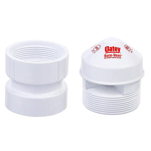 Sure Vent Air Admittance Valve 1 1/2 To 2 In DWV With White PVC Sch 40 Adapter, side view and close-up of components