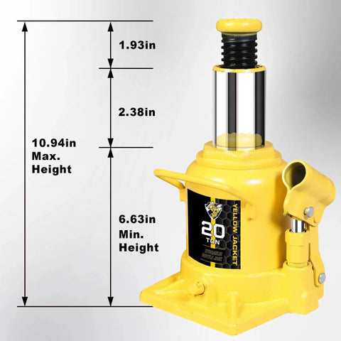 20 Ton Low Profile Bottle Jack for Heavy Duty Lifting Up to 40,000 Lbs with height measurements shown