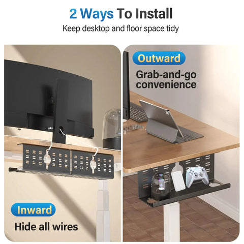 2 Pack Under Desk Cable Management Tray Black Large 16x5x6 Inch Alloy Steel Cord Hider Organizer showing inward and outward installation