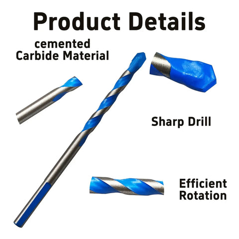 Five Piece Solid Carbide Drill Bit Set 6mm Diameter 82mm Length For Masonry Concrete Brick Tile Glass Ceramic Plastic And Wood Pro Grade Durable Cemented Carbide Bits shown in detail