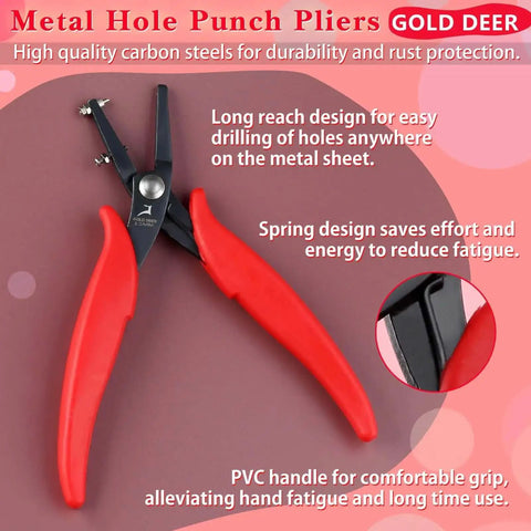 1.5mm Hole Punch Pliers With Replacement Pins For Soft Metals, red handle, spring design, long reach tool for jewelry crafting