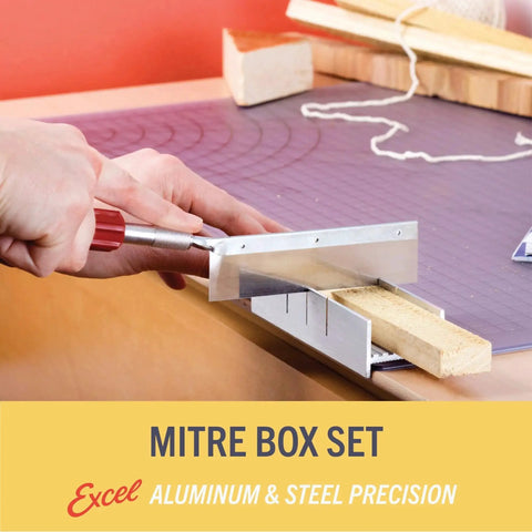 Six Inch Metal Miter Box Set With Aluminum And Steel Construction For Precise 45 And 90 Degree Cuts In Wood Plastic And Soft Metals Includes K5 Handle And Razor Pull Saw Made In USA, showing hands using the set on a wooden piece.