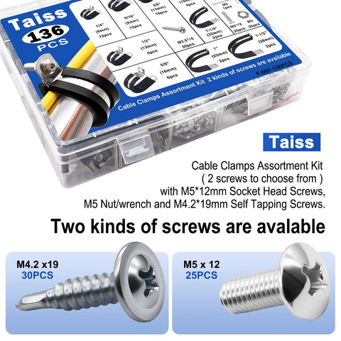 Taiss 222PCS cable clamps assortment kit in case; 304 stainless steel with rubber cushions, 10 sizes, two screw types.