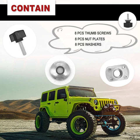 Universal Jeep Wrangler Hard Top Fastener Kit With Quick Release Bolts shown with thumb screws, nut plates, and washers.