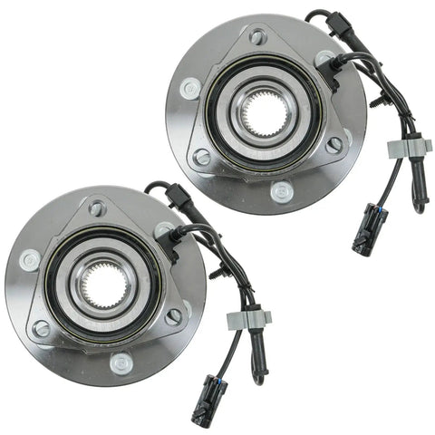 Front Left And Right Wheel Bearing And Hub Assembly Two Piece Kit For 99 06 Silverado Sierra 1500 4x4 And 01 06 Tahoe Yukon Suburban 4WD 02 Escalade AWD Ready To Install, showing components.