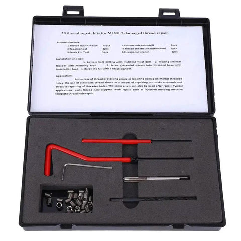 Thread Repair Kit M4x0.7 Stainless Steel Twisted Drill Wrench Threaded Inserts Set open case with tools and instructions