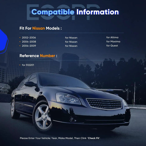 Nissan car with text about compatible models and years for Pair of Rear Wheel Hub Bearing Assembly 512201 with ABS, 5 Lug.