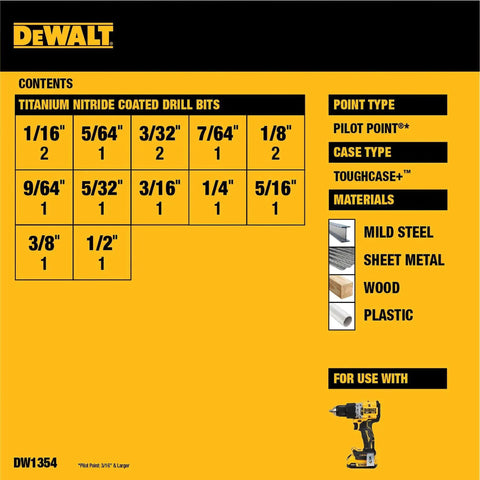DEWALT Titanium Nitride Coated 14 Piece Drill Bit Set For Wood Metal And Plastic With sizes and material compatibility chart