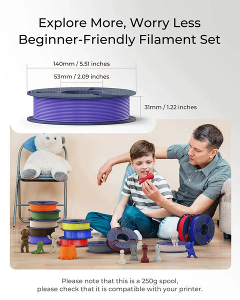 Eight Color 1.75mm PLA Filament 250g Mini Spools Bundle for Beginners shown with 3D printed items and dimensions