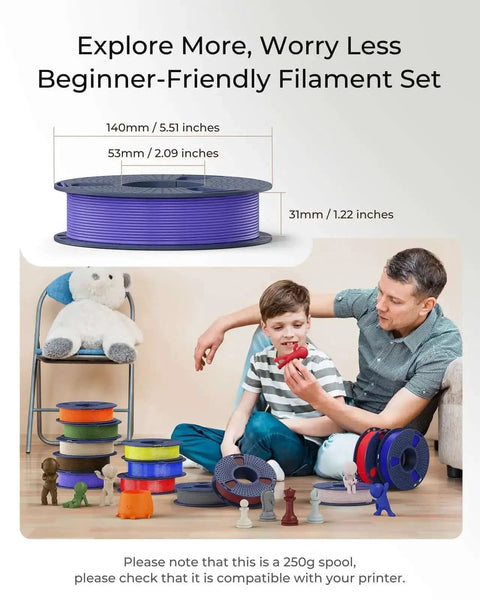 Clear PLA Filament Bundle 1.75mm Multicolor 4 Spools 250g Each Individually Vacuum Packed for 3D Printing Go To Choice With Frosted Translucent Finish displayed in a colorful stack with toys and two people.