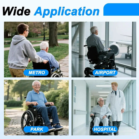 Collage showing wheelchair use in metro, airport, park, and hospital settings.