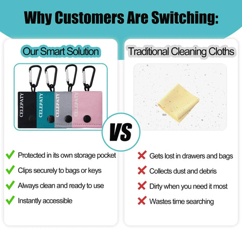 Comparison of Solid Color Microfiber Eyeglasses Cleaning Cloth Keychain versus traditional cloth, highlighting smart features.