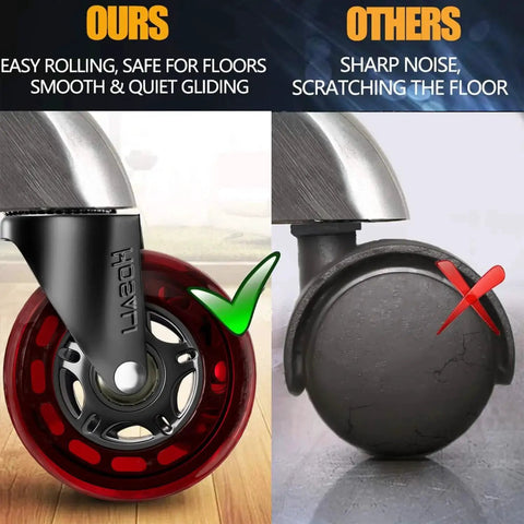 Comparison of red office chair casters with smooth rolling on left and black casters with floor damage on right