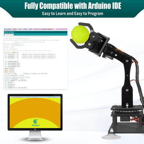 Adeept 5DOF robotic arm kit, black frame gripping a yellow ball beside a computer monitor