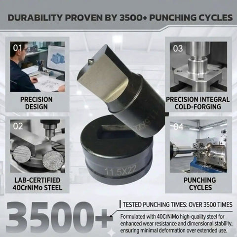 Durability features of oval slotted punch die for CH-70 hydraulic press, showcasing precision design, 3500+ punching cycles.