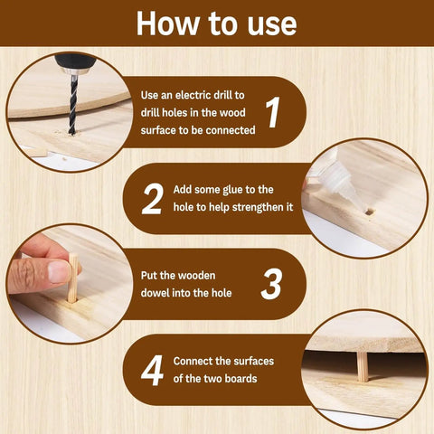 Step-by-step guide to using 250 Piece Fluted Wood Dowels Set In 1/4 Inch, 5/16 Inch, And 3/8 Inch Sizes for woodworking projects.