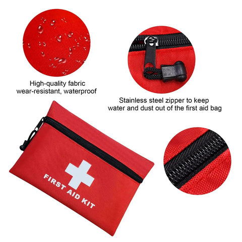 Portable Empty First Aid Kit Pouch With Zippered Opening For Emergency Use At Home Office Car Outdoors Boat Camping And Hiking Waterproof Polyester Bag, showing red waterproof fabric and zipper close-up.