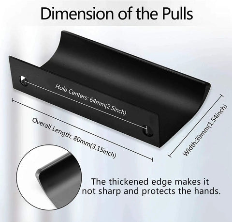 Diagram of Back Mount Finger Edge Pull 80mm Black Aluminum Alloy Hidden Concealed Tab Handle dimensions and features.