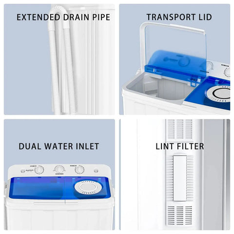 Portable Twin Tub Washing Machine With Spin Dryer Drain Pump For Dorms RVs showing drain pipe, lid, water inlet, and lint filter.