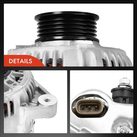Close-up of 80 Amp 12 Volt Car Alternator For Toyota Camry 1994 1995 1996 And RAV4 1996 1997 1998 1999 2000 With 5 Groove Pulley Clockwise Rotation New Easy Swap Plug And Play