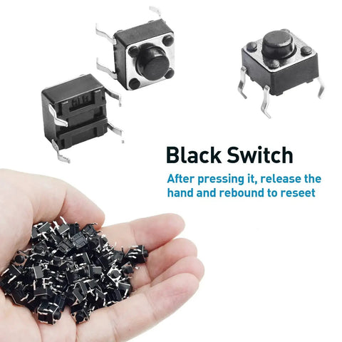 Handful of 4-pin DIP black push button micro switches for PCB; 120 Piece Set Of 6x6x5mm Momentary Tact Switches for DIY projects