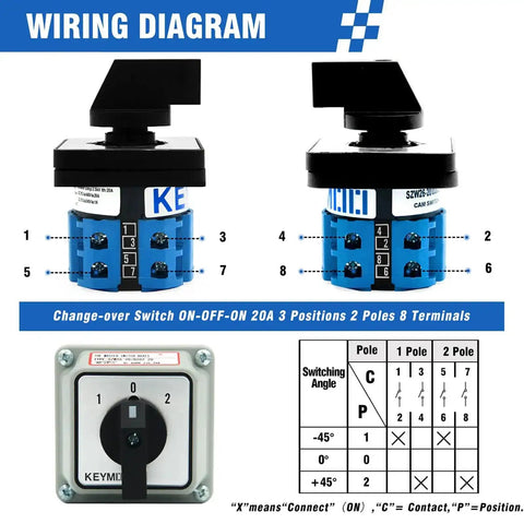 Wiring diagram for 20A Rotary Changeover Switch With Exterior Box On Off On 660V Latching Universal Selector IP65 3 Positions 2 Poles