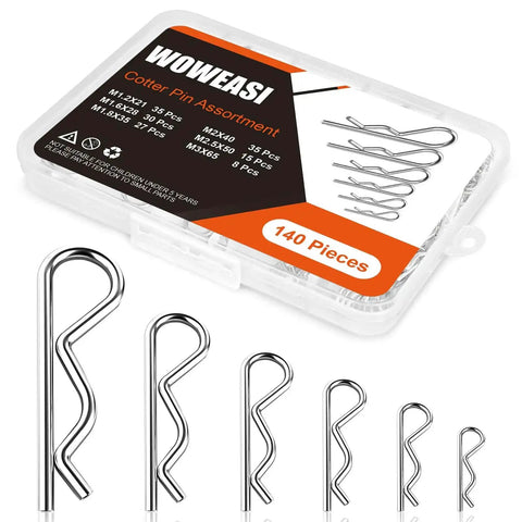 140 Piece Cotter Pin Set With 6 Sizes Durable Zinc Plated R Clips For Mechanics Lawn Mowers And RV Owners Heavy Duty Carbon Steel Construction Great For Replacing Lost Pins In Trucks Boats Trailers Farm Equipment And More in a labeled plastic case