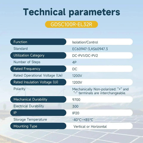 Technical parameters for 32A DC 1200V Solar Disconnect Isolator Switch with IP66 Waterproof Enclosure, specifications table displayed