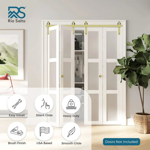 Gold Bi Fold Barn Door Hardware Kit With Heavy Duty Metal Track System And Matching Knobs Bifold Closet Doors Compatible 52 Inch Track For Four Doors Four Rollers No Doors Included Ideal For Space Saving Closets And Interior Rooms in use