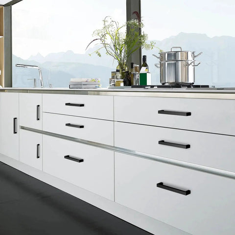 30 Pack Matte Black Stainless Steel Cabinet Pulls Center To Center 5 Inch for modern kitchen cabinets installed on white drawers